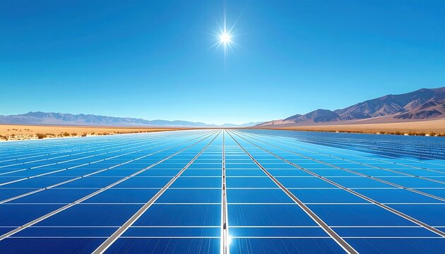 Vast Solar Panel Array Under Clear Blue Sky in Desert Landscape