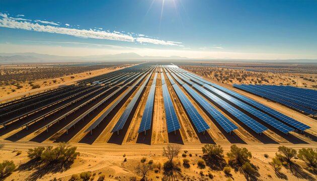 Vast Solar Panel Array in Desert Landscape under Clear Blue Sky