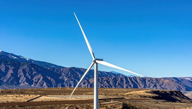 Wind Turbine Against Clear Blue Sky in Mountainous Landscape