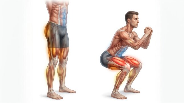 Anatomical illustration of muscles activated during a squat exercise
