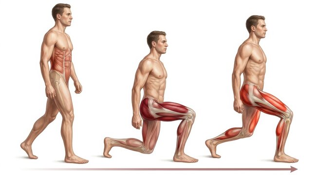Anatomical illustration of a man performing lunges, showing muscle engagement