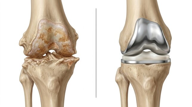 Comparison of a diseased knee joint before and after total knee replacement surgery