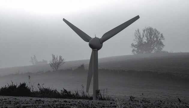 Wind Turbine in Foggy Landscape with Soft Light and Shadow Effects