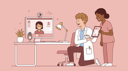 Fototapeta premium Telemedicine consultation: doctor and nurse with patient on screen