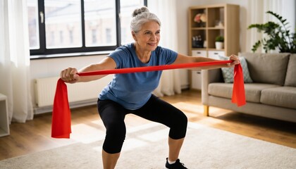 Fototapeta premium Squatting senior woman pulling red elastic resistance band in bright living room, wearing blue top