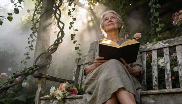 Sitting senior woman in linen dress holding open book on weathered bench in garden, bouquet, vines