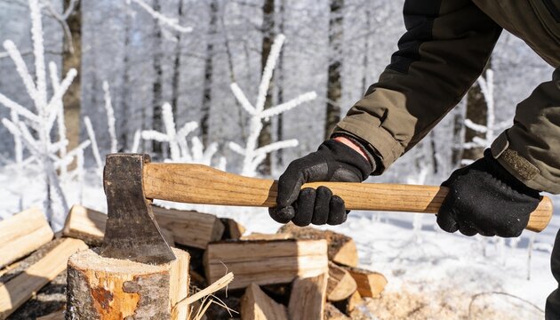 Chopping adult wearing olive jacket and black gloves gripping axe at snowy forest stump, split logs