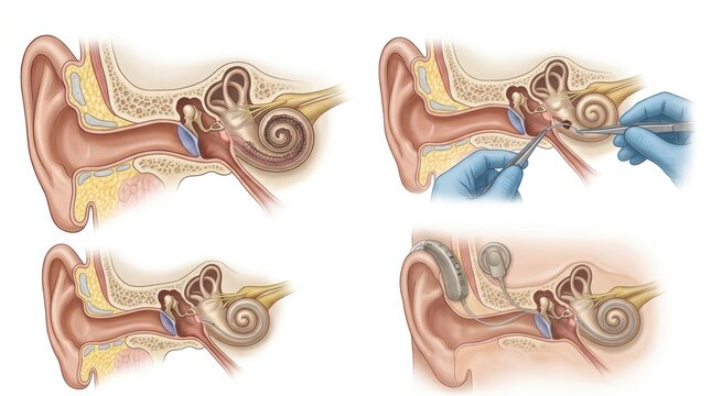 Illustration showing the process of cochlear implant surgery and device placement