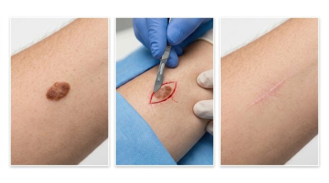 Mole removal procedure showing before, during, and after healing stages
