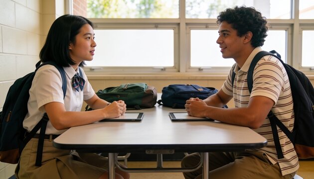 Talking two students sitting at school cafe, wearing blouse and polo, holding tablets and backpacks