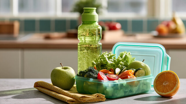 School lunch box back to school lunch prep green bottle healthy food fruit vegetable kitchen scene with open container