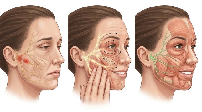Illustration of facial nerves and muscles showing pain and treatment progression