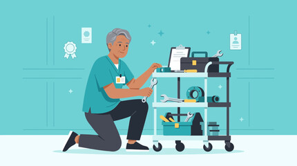 Fototapeta premium Senior Technician With Tools Cart, Repair and Maintenance Concept