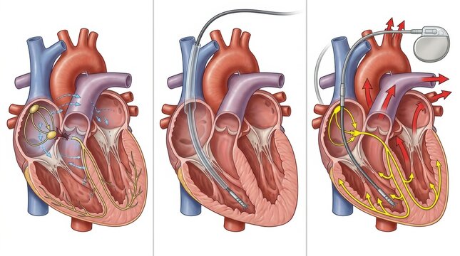 Diagram illustrating the placement and function of a cardiac pacemaker in the human heart