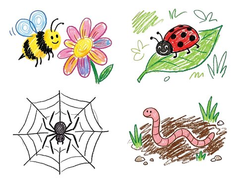 Colorful garden insects and bugs in childlike crayon art