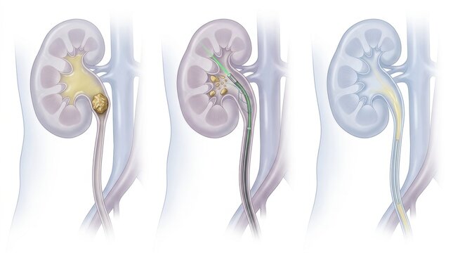 Medical illustration showing kidney stone treatment with laser lithotripsy and stent placement
