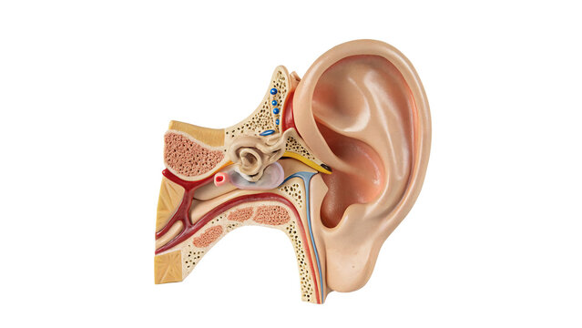 Anatomical cross section model of human ear isolated on transparent background