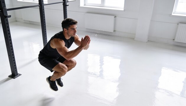 Jumping adult male doing plyometric jump in fitness studio, wearing black kit, squat rack visible