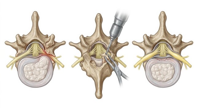 Illustrating spinal decompression surgery for a herniated disc and nerve impingement