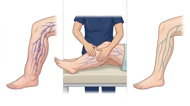 Illustration of leg veins showing varicose veins and lymphatic system