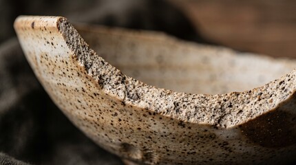 Fototapeta premium Macro closeup of raw broken edge of handcrafted coarse stoneware ceramic bowl with mineral specks