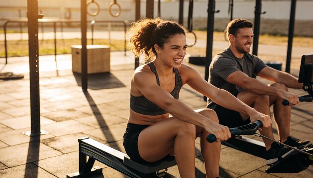 Rowing woman in sports bra and shorts pulling on ergometer in outdoor gym, with rig behind