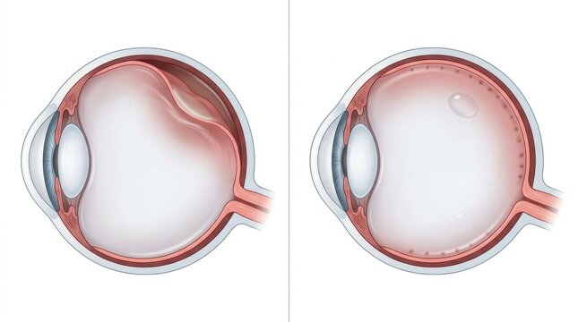 Cross-section of human eye showing retinal detachment and fluid buildup