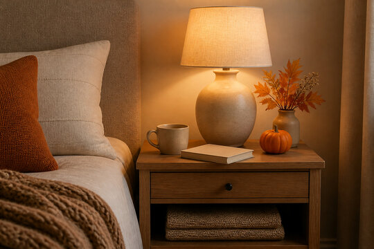 Cozy bedside table with lamp and small pumpkin