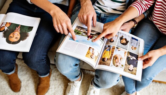 Pointing, three sets of hands turning glossy magazines on sofa at home, showing jeans and boots