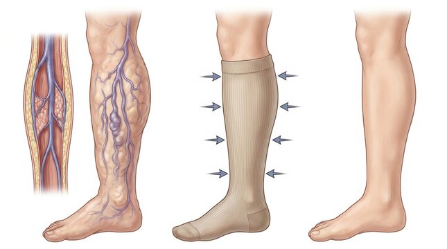 Varicose veins illustration showing progression and compression sock treatment