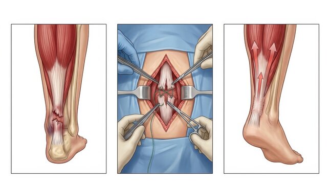 Surgical repair of Achilles tendon rupture shown in three stages