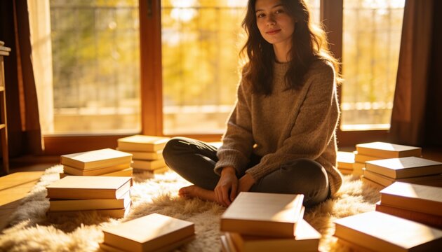 Sitting woman wearing knitted sweater and jeans reading on shag rug by glass doors, books nearby
