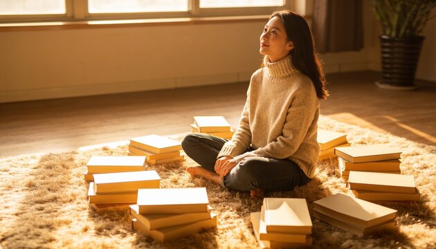 Sitting woman wearing turtleneck and jeans gazing into sunlight at home, with stacks of beige books