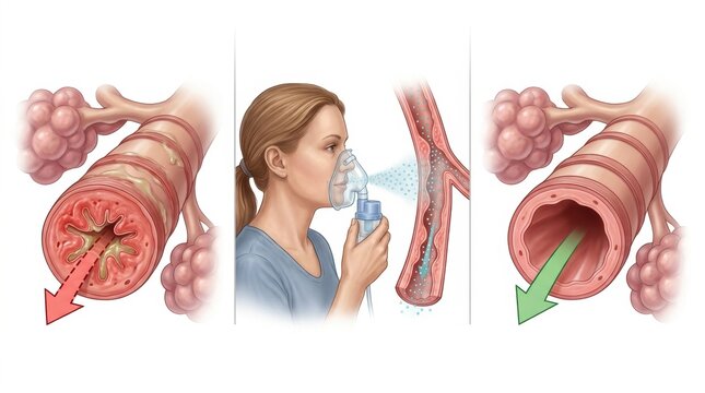 Asthma treatment with nebulizer showing airway inflammation and relief