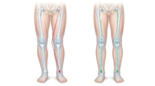 Comparison of bowed legs versus straight legs with skeletal alignment illustration