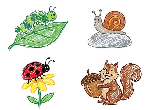 Colorful garden animals in crayon art style isolated on white