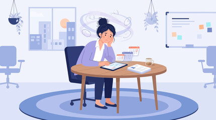 Fototapeta premium Stressed Woman Overwhelmed by Work, Busy Office Environment, Deadline Pressure
