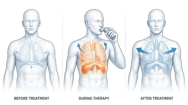 Illustration showing the effects of respiratory therapy on lung function and diaphragm movement