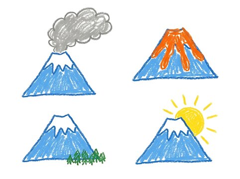 Blue mountain volcano and nature icons in crayon art