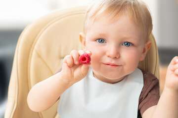 A child eats, holding a berry in his hand and looking at the camera. Concept of a healthy snack. © Ирина Гутыряк