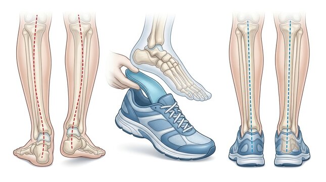 Illustration showing foot orthotics correcting leg and ankle alignment