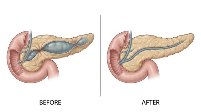 Pancreatic pseudocyst before and after treatment illustration
