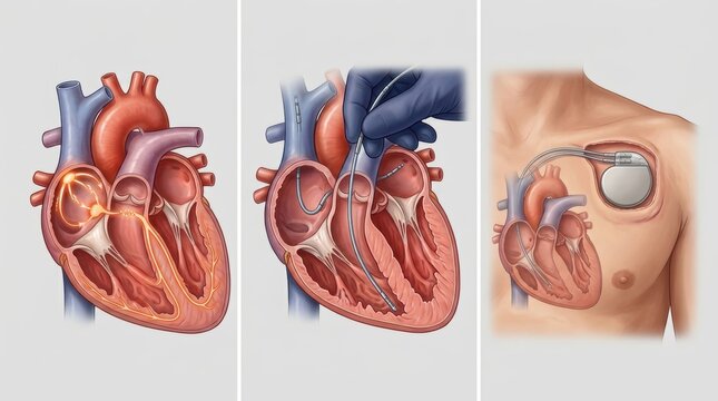 Illustration showing the placement and function of a cardiac pacemaker