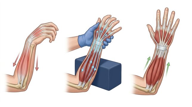 Anatomy of forearm muscles and tendons during hand movement and therapy