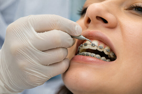 Close-up of an orthodontist adjusting metal braces on a patient&rsquo;s teeth, representing orthodontic treatment and dental care