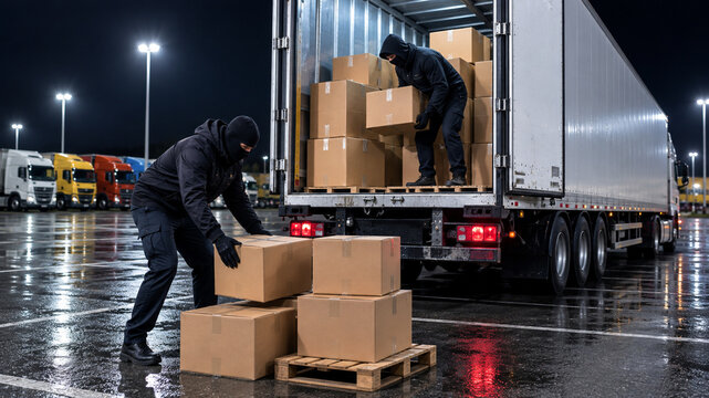 Masked thieves stealing cardboard boxes from cargo truck at night logistics parking area