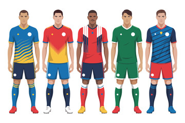 Fototapeta premium Collection of male soccer players in diverse colorful uniforms representing different sport teams standing isolated