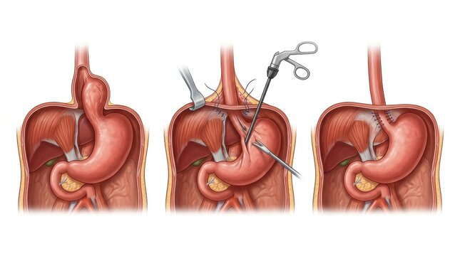 Laparoscopic gastric bypass surgery illustration showing stomach stapling and reconstruction