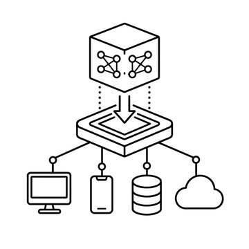 An icon depicting a data processing system with connections to various devices and cloud storage, representing network connectivity and digital information flow