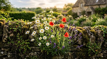Obraz premium Wild bouquet of white daisies, red poppies, and purple lavender growing out of an ancient mossy dry stone wall bathed in warm sunlight.